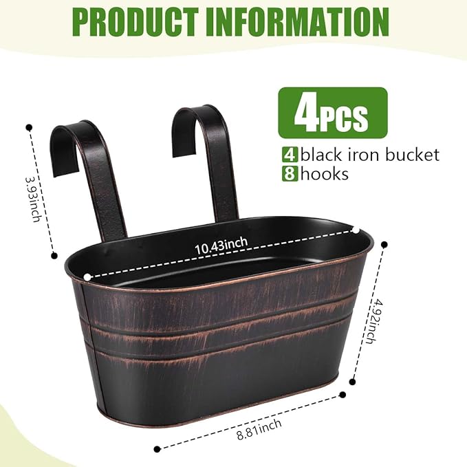 OBTANIM 4 Pack Metal Hanging Flower Pots Iron Railing Planter Outdoor Fence - Image 2