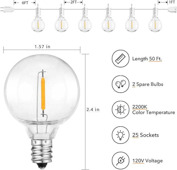 Brightown Outdoor String Lights, 50FT 25 G40 Bulbs Shatterproof Patio Lights - Image 2