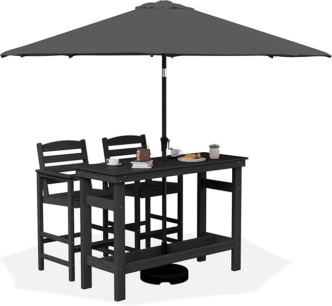 SERWALL Outdoor Bar Set with 9ft Umbrella, All-Weather HDPE Patio Bar Chairs by SERWALL