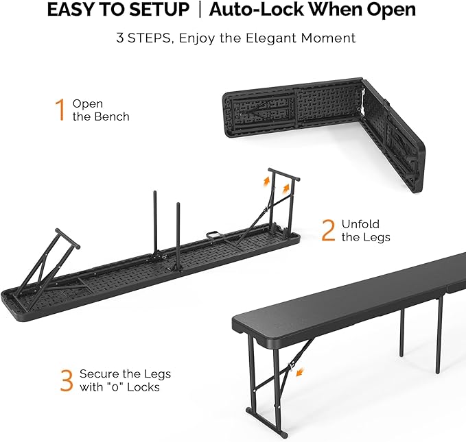 VINGLI 6 feet Plastic Folding Bench, Portable in/Outdoor Picnic Party Camping - Image 8