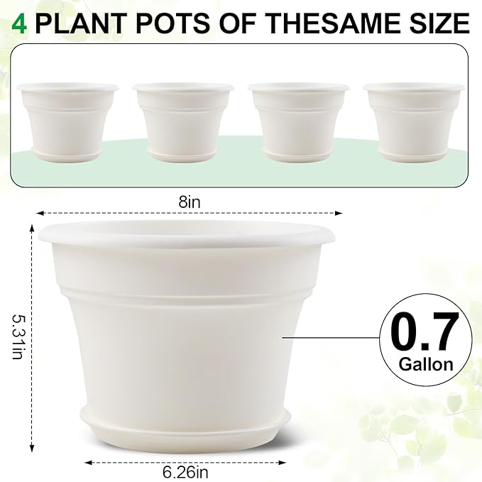 8 Inch Plastic-Flower Pot-for-Indoor Plants, 4 Pack Large Outdoor Planter Pot - Image 3