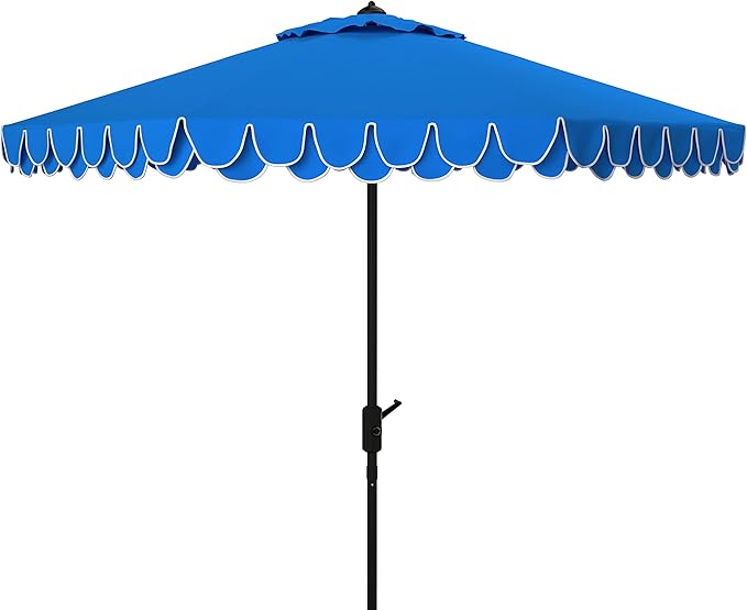SAFAVIEH 9ft Outdoor Patio Umbrella, Pacific Blue & White Trim, Auto Crank Tilt by SAFAVIEH