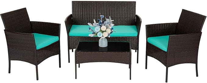 FDW | 4-Piece Patio Furniture Set | Brown & Blue | Outdoor Wicker Furniture by FDW