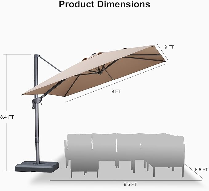 PURPLE LEAF Patio Umbrella 9' X 9' Rectangle Cantilever Umbrella Large Aluminum - Image 9