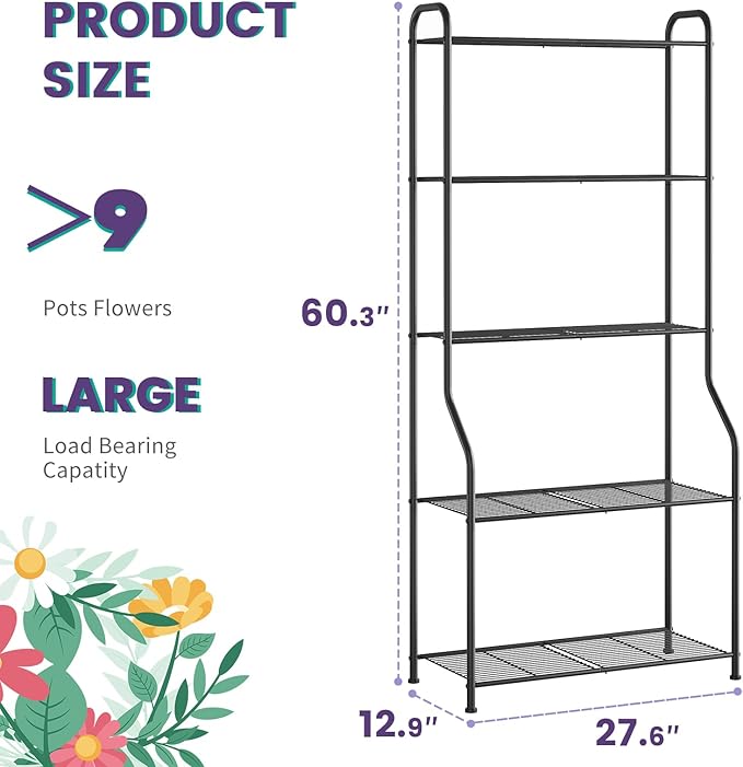 5-Tier Corner Plant Stand, Metal Black Flower Pot Rack, Indoor Outdoor Heavy - Image 5