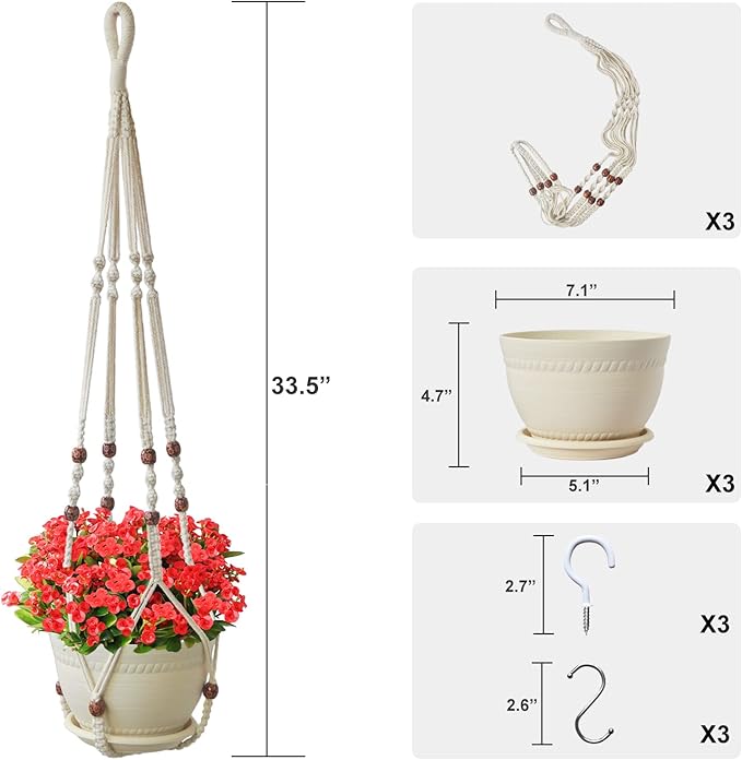 Macrame Plant Hanger with Pot, 3 Set Hanging Planters - Image 2