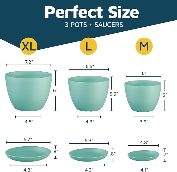 Aqua Plant Pots with Drainage Holes & Saucers 3 Pack, Indoor & Outdoor - Image 2