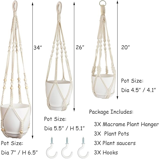 Macrame Plant Hangers with Pots and Saucers, 3 Pack Hanging Planters - Image 2