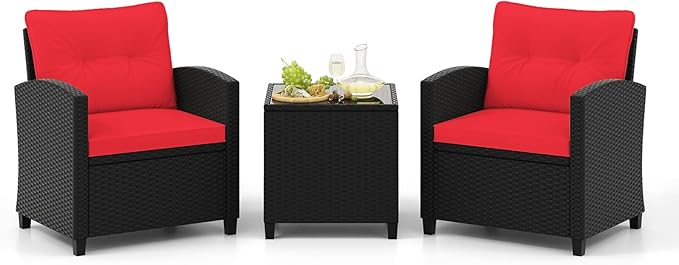 Tangkula 3 Pieces Patio Furniture Set, Rattan Conversation Set w/Soft Seat & by TANGKULA
