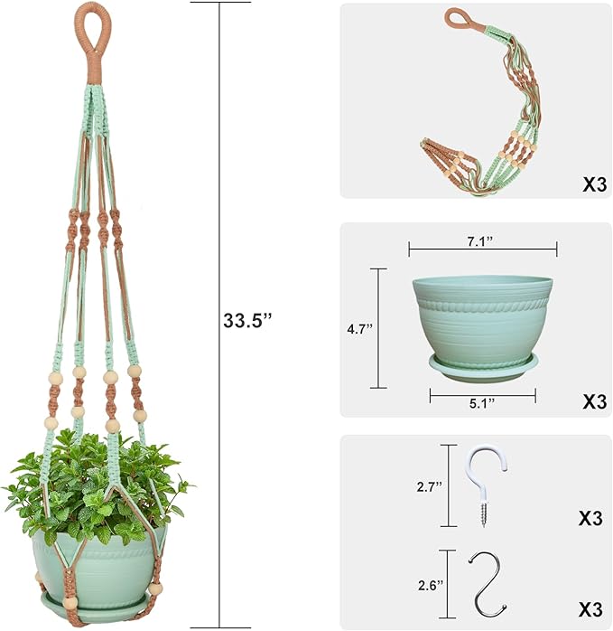 Macrame Plant Hanger with Pot, 3 Set Hanging Planters - Image 2