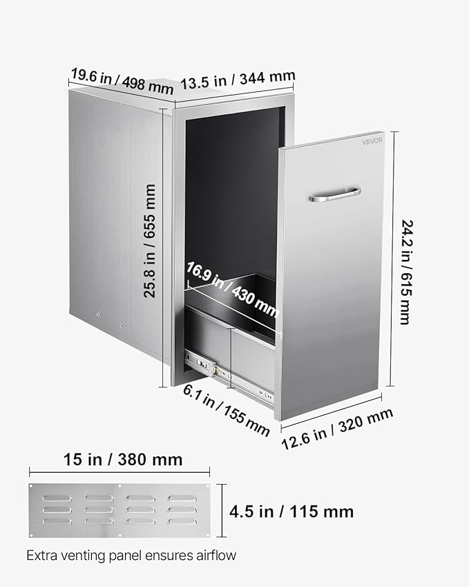 VEVOR Outdoor Kitchen Trash Drawer, 11.81" W x 19.6" D x 23.62" H Interior - Image 3