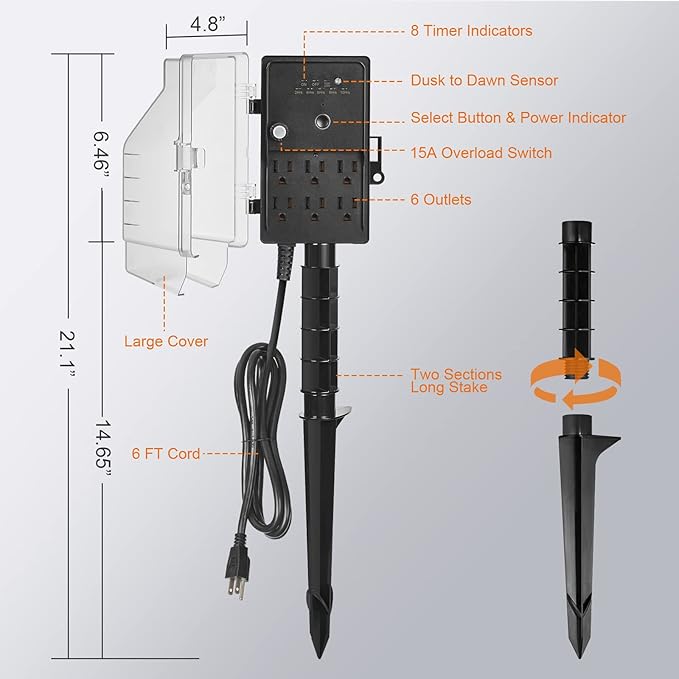SURAIELEC Outdoor Power Stake Light Timer, Dusk to Dawn, 6 Electrical Outlet - Image 7