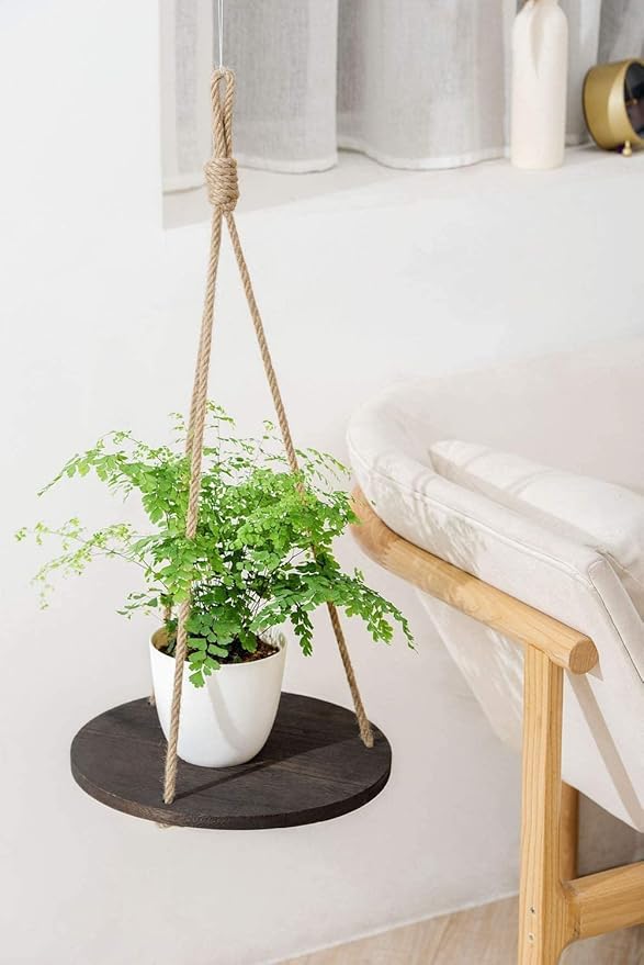 Dahey Hanging Plant Shelf Round Wood Rope Hanging Floating Shelf Vintage Home - Image 4