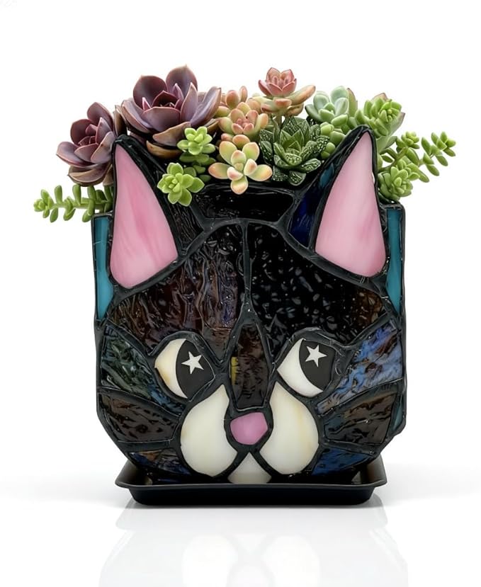 Star Black Cat Decorative Flower Pot, Handcrafted Ceramic Planter by Entlityful