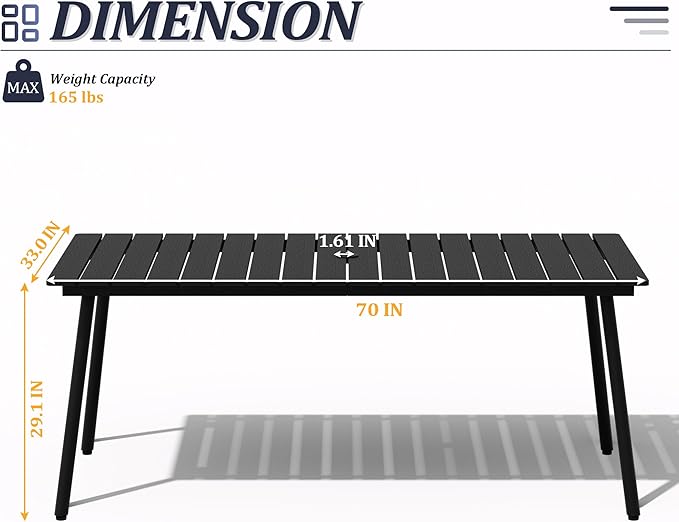 70" Patio Outdoor Dining Table for 6, Weather-Resistant Aluminum Frame - Image 3