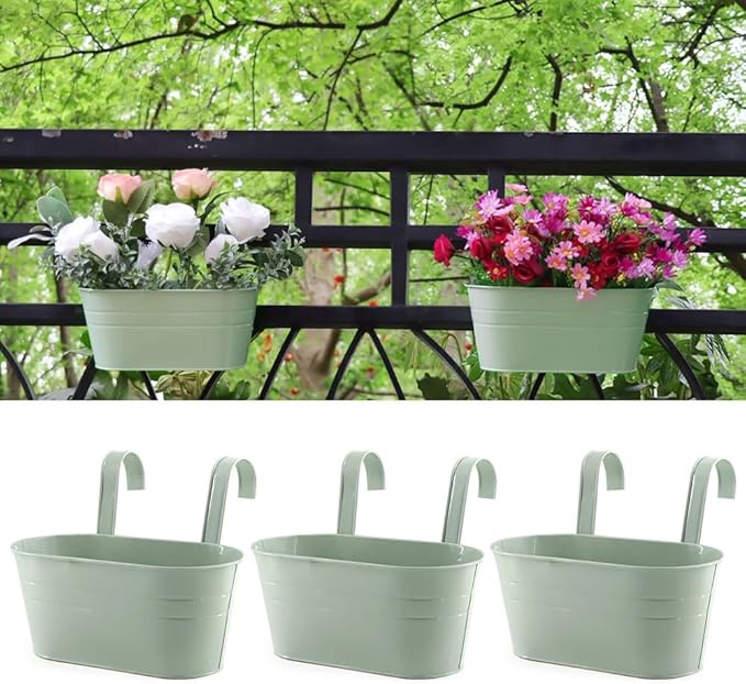 3 Pack Metal Railing Planters, 10.5" Oval Hanging Flower Pots by MeltsetM