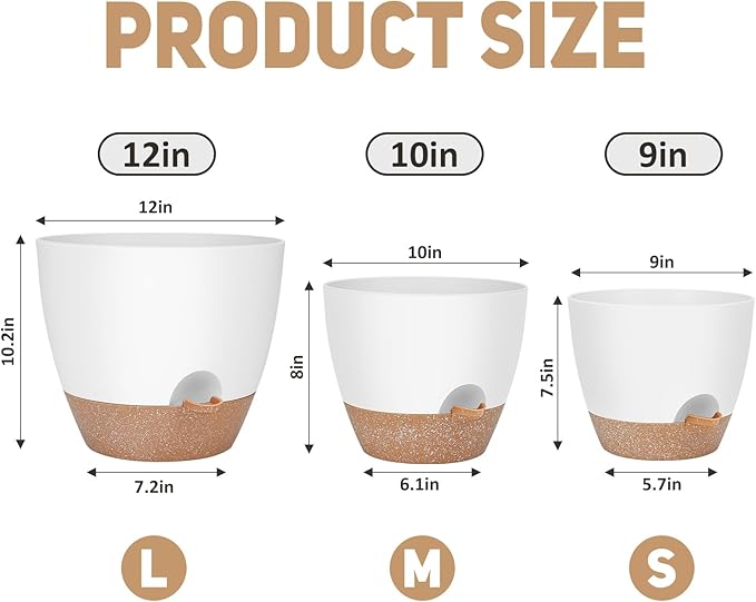 12" 10" 9" Large Self Watering Plant Pots, 3 Pack Flower Pots Planters - Image 2