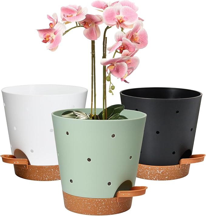 Orchid Pots with Holes, 6 Inch Self Watering Orchid Pot 3 Pack Plastic Plant by Vanslogreen
