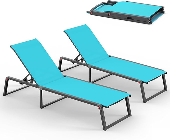 Aluminum Chaise Lounge Outdoor Set of 2, Foldable & Assembly Free Patio Pool by Oasbira