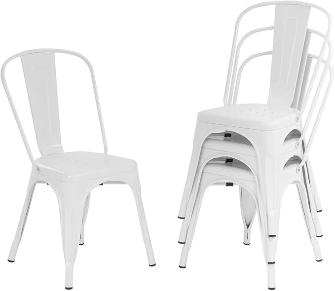 FDW | Set of 4 Metal Dining Chairs | Cream | Stackable Tolix Side Chairs by FDW