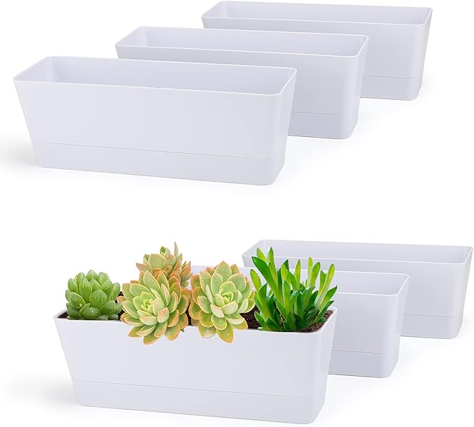 GREANER 12x3.8 Inch Herb Planters, 6 Pack White Rectangle Window Boxes by GREANER