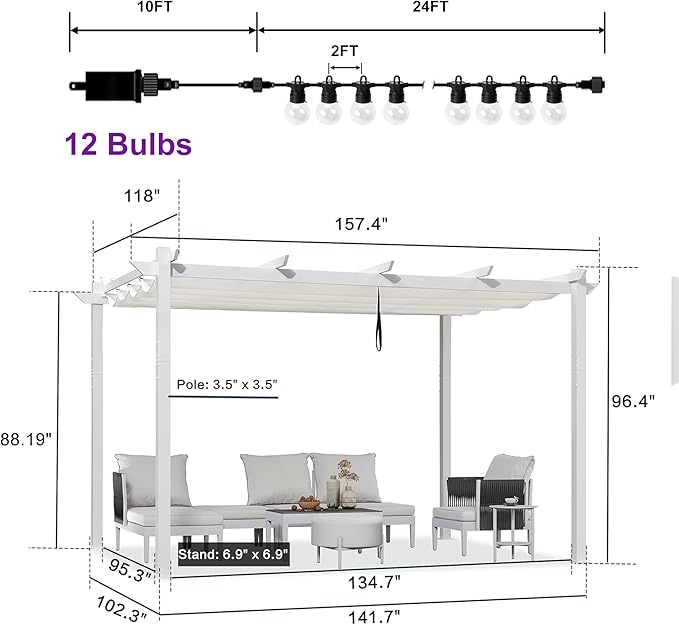 PURPLE LEAF 10' x 13' Aluminum Outdoor Pergola Retractable Pergola - Image 2