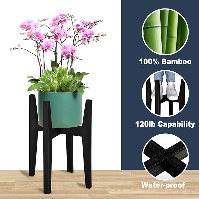 OERGKE 2 Pack Plant Stand Indoor, Adjustable Bamboo Mid Century Modern Plants - Image 2