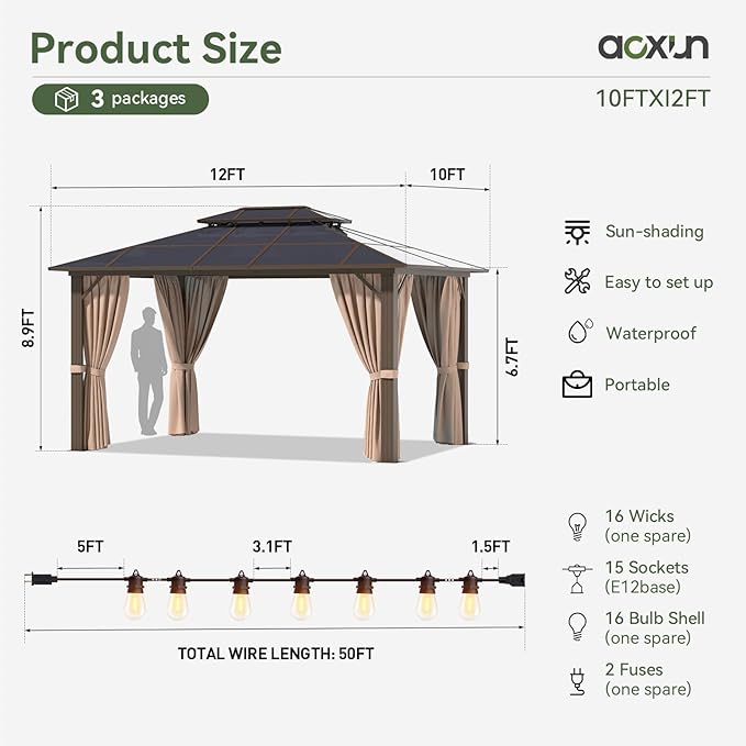 Aoxun 10'x12' Hardtop Gazebo, Aluminum Frame Permanent Pavilion - Image 3