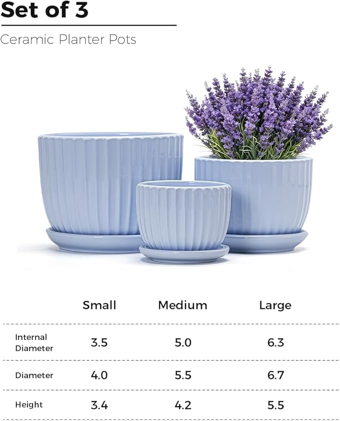 Ton Sin Sky Blue Ceramic Flower Pots, Modern Indoor Decorative Plant Pots Set - Image 3