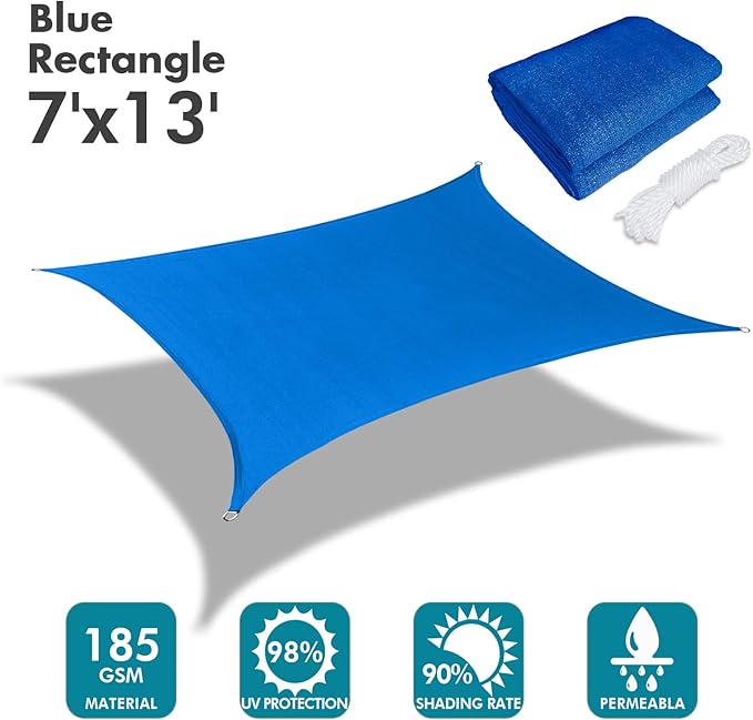 KANAGAWA Sun Shade Sail 7'x13' Blue Rectangle UV Block Canopy Awning Shelter - Image 2