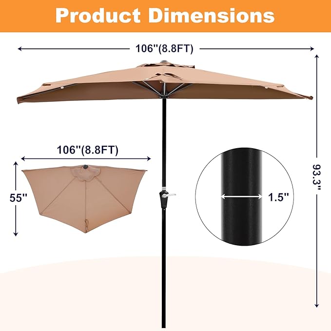 OLIXIS Half 9Ft Umbrella Outdoor Patio, Scalloped Patio Umbrella - Image 2