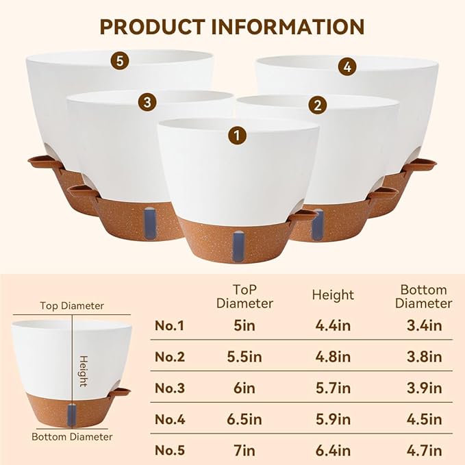 7/6.5/6/5.5/5 Inch Self Watering Pots, Plastic Flower Pots - Image 6