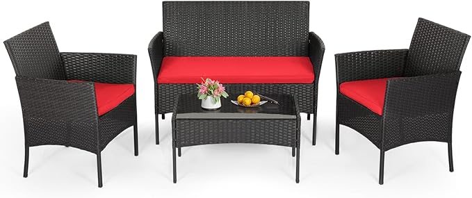 FDW | 4-Piece Patio Furniture Set | Red | Outdoor Wicker Furniture by FDW
