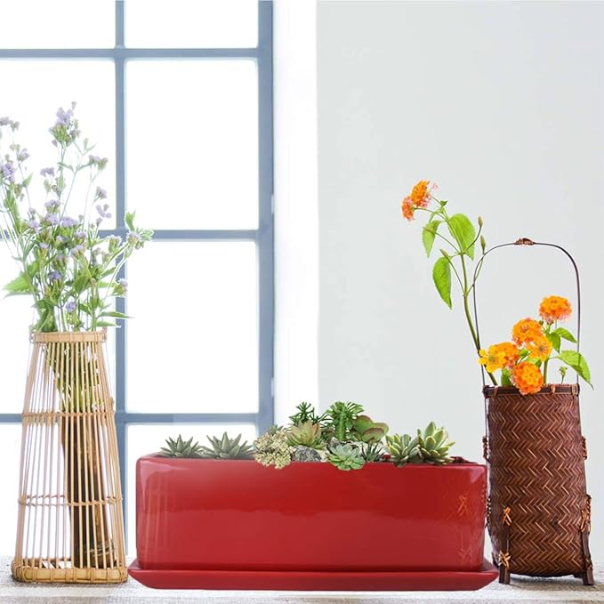 Vencer 14 Inch Rectangular Modern Minimalist Ceramic Succulent Planter Pot - Image 6