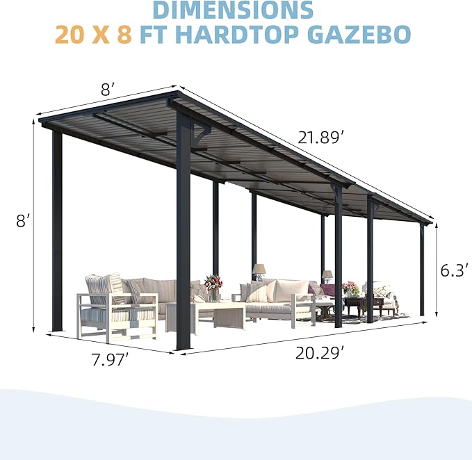 AECOJOY 22' x 8' Gazebo for Patio, Large Wall-Mounted Hard Top Lean-to Gazebo - Image 3