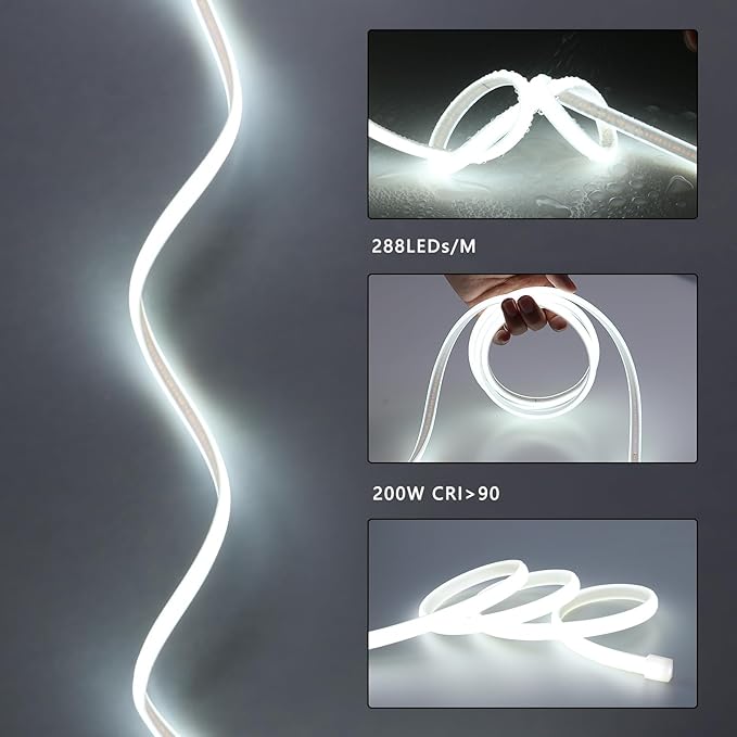AC 110V COB LED Strip Lights Outdoor Waterproof 65.6ft, 6000K Cool White Super - Image 3