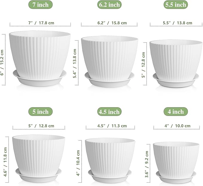 7/6.2/5.5/5/4.5/4 inch Plant Pots, 6 Pack Flower Pots - Image 2