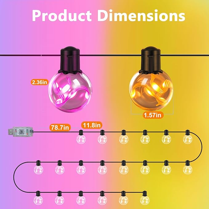 Outdoor String Lights, 25ft 20 Bulbs LED Color Changing Hanging Lights Dimmable - Image 7