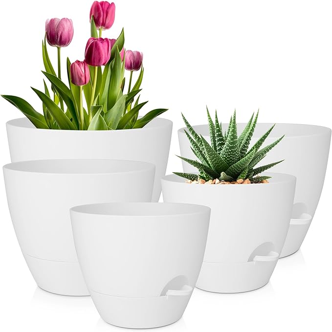 Plant Pots 10/9/8/7.5/7 Inch Self Watering Pots, Plastic Flower Pots, Nursery by QRRICA