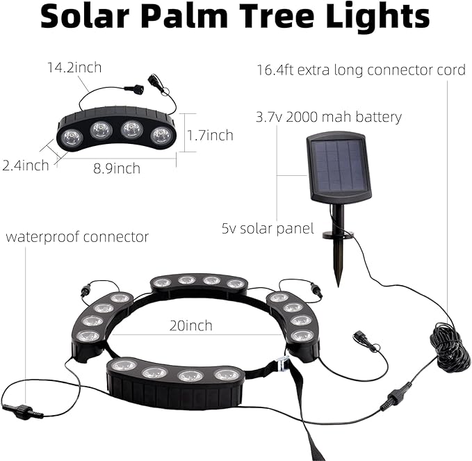 Solar Palm Tree Lights Outdoor, 2000MAH Ring LED Landscape Uplights - Image 2