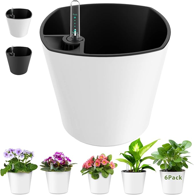7 inch Plant Pots 6-Pack, Self Watering Flower Pots Indoor Outdoor, African by GsGardenSpecialty