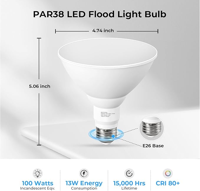PAR38 LED Outdoor Flood Light Bulbs, 100W Equivalent, 5000K Daylight White - Image 2
