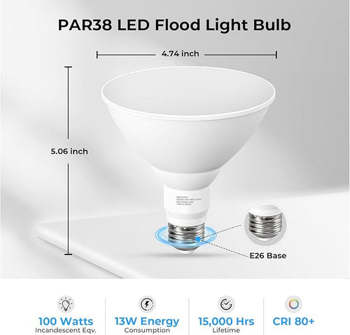 10 Pack PAR38 LED Outdoor Flood Light Bulbs, 100W Equivalent, 5000K Daylight - Image 2