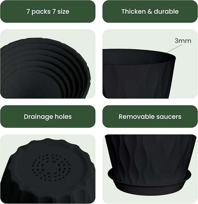 7/6.5/6/5.5/5/4.5/4 inch Plastic Plant Pots, 7 Pack Flower Planter - Image 4