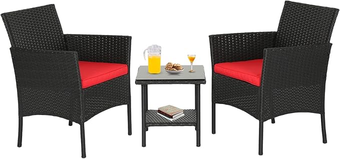 FDW | 3-Piece Patio Furniture Set | Black & Red | Outdoor Wicker Furniture by FDW