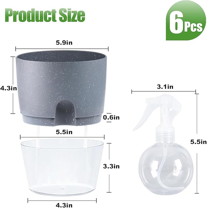 6 Inch Self Watering Pots for Indoor Plants, 6 Pack Grey Plastic Flower Pots - Image 2