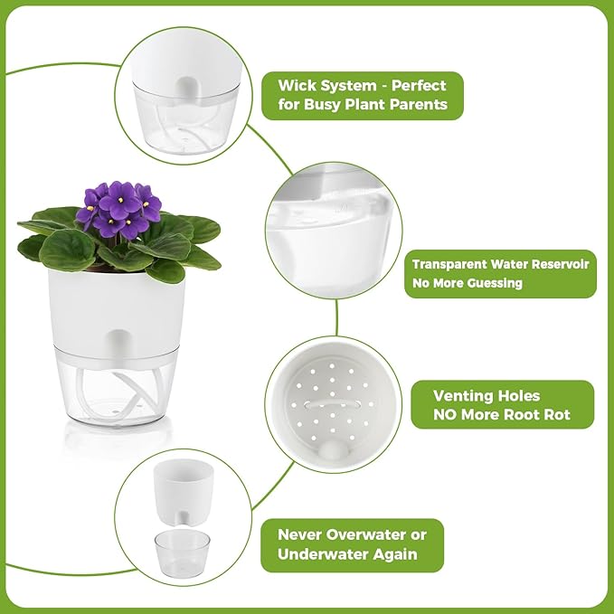 6 Pack Self Watering Pots for Indoor Plants, PlanterHoma 3.2/4/6 Inch Plant Pot - Image 6