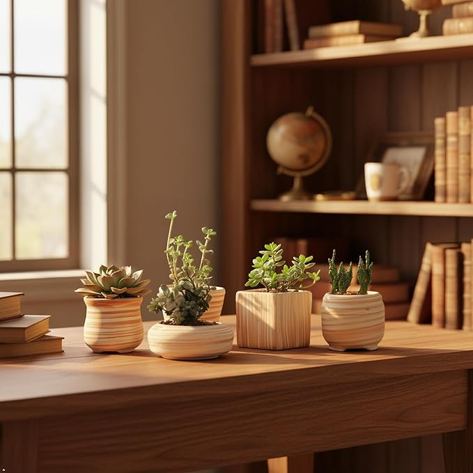Sun-E 6 in Set 7.6 cm Ceramic Wooden Pattern Succulent Plant Pot Cactus Plant - Image 2