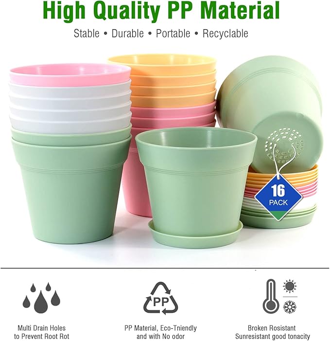 WOUSIWER 16 Pack 6 inch Plastic Planters, Indoor Flower Pots, Heavy Duty and - Image 5