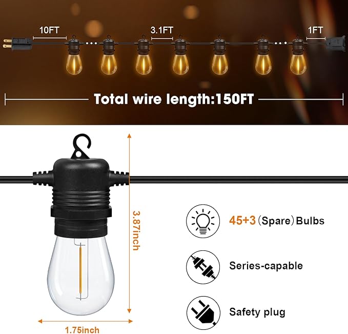 S14 LED Outdoor String Lights 150FT Patio Lights Outdoor Waterproof - Image 6